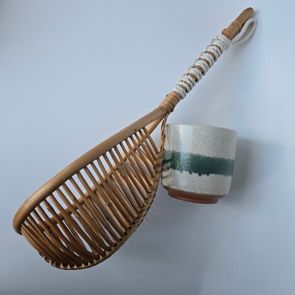 Hanging planter cache-pot rattan bamboo wicker ceramic pot macramé hook - Picture 6 of 7